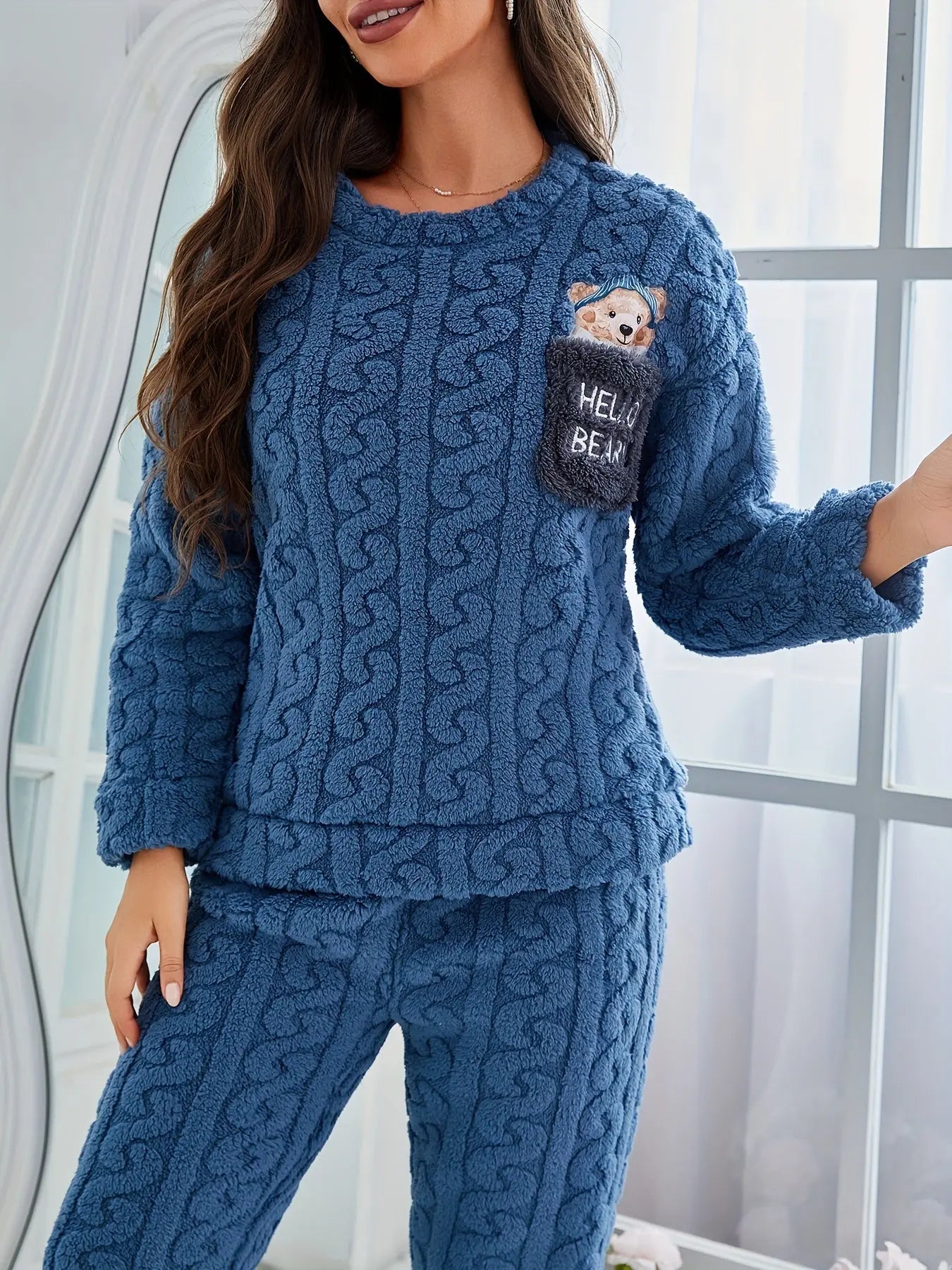 Cozy Winter Knit Pajama Set for Adults - Long Sleeve, Round Neck, Solid Color with Pocket MyFave Boutique