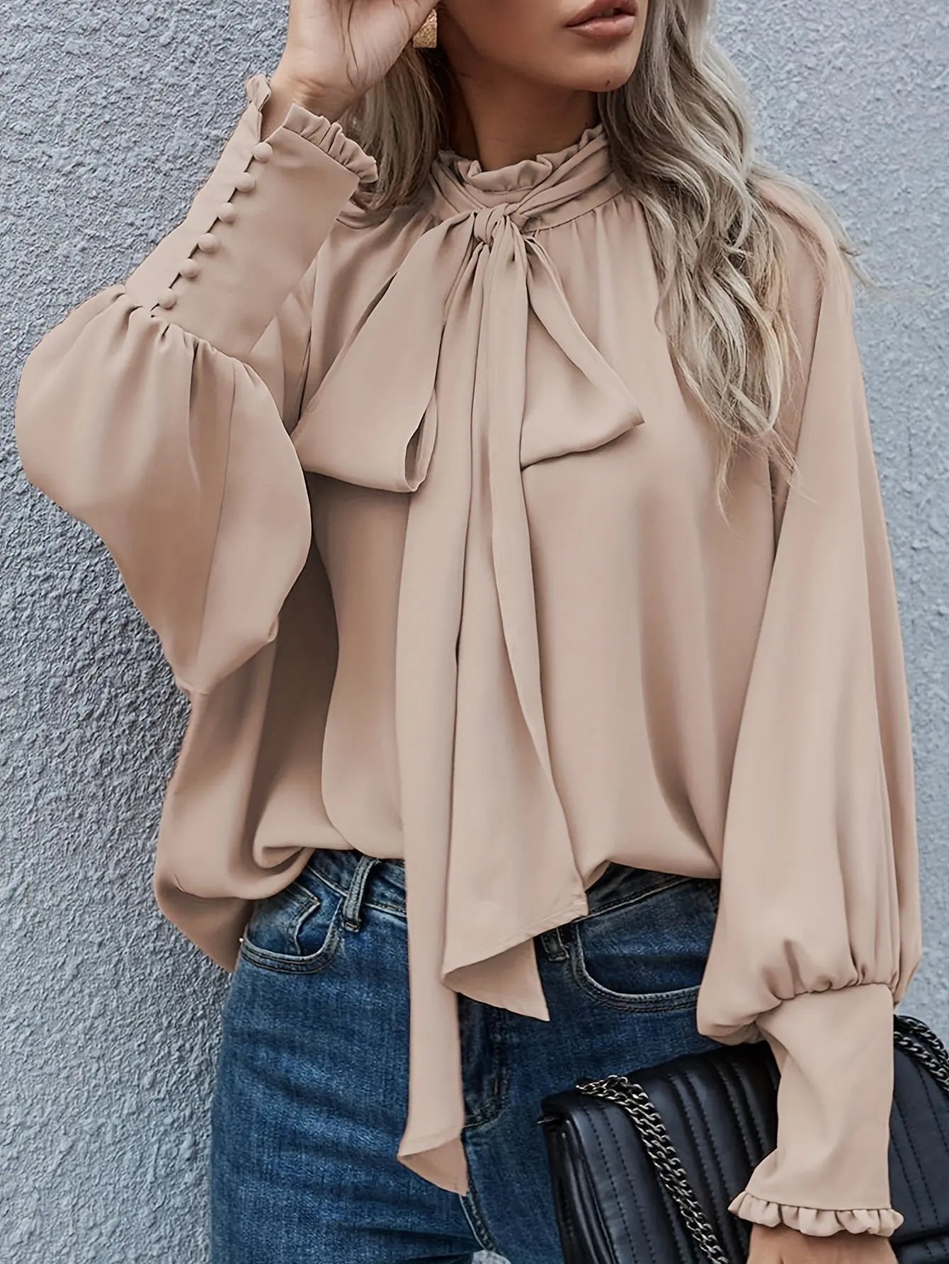 Solid Color Lantern Sleeve Blouse, Loose Fit Tie Back Top for Women, Daily Wear MyFave Boutique