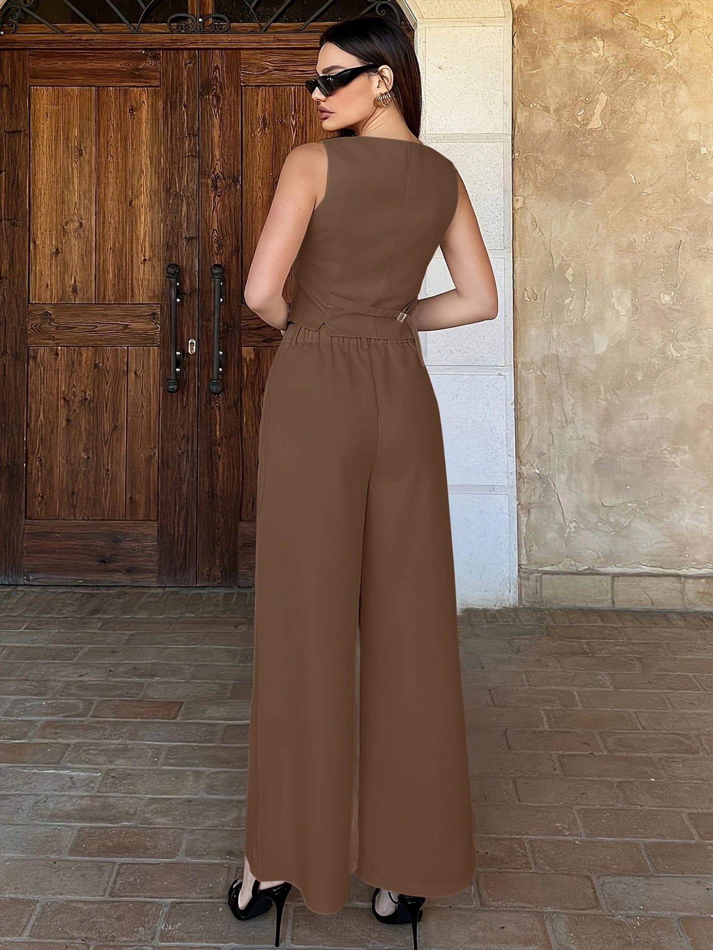 Elegant Solid Color Pants Set, Single Breasted Slim Vest & High Waist Wide Leg Loose Pants For Office & Work, Women's Clothing MyFave Boutique