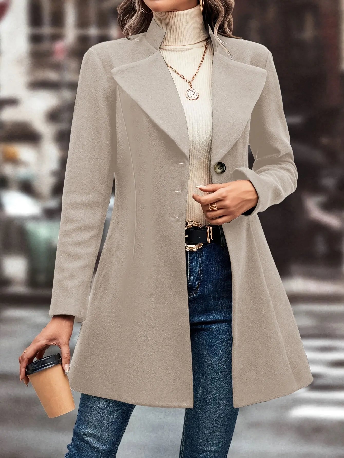 Classic Solid Single Button Lapel Overcoat for Women, Long Sleeve Winter Warmth MyFave Boutique