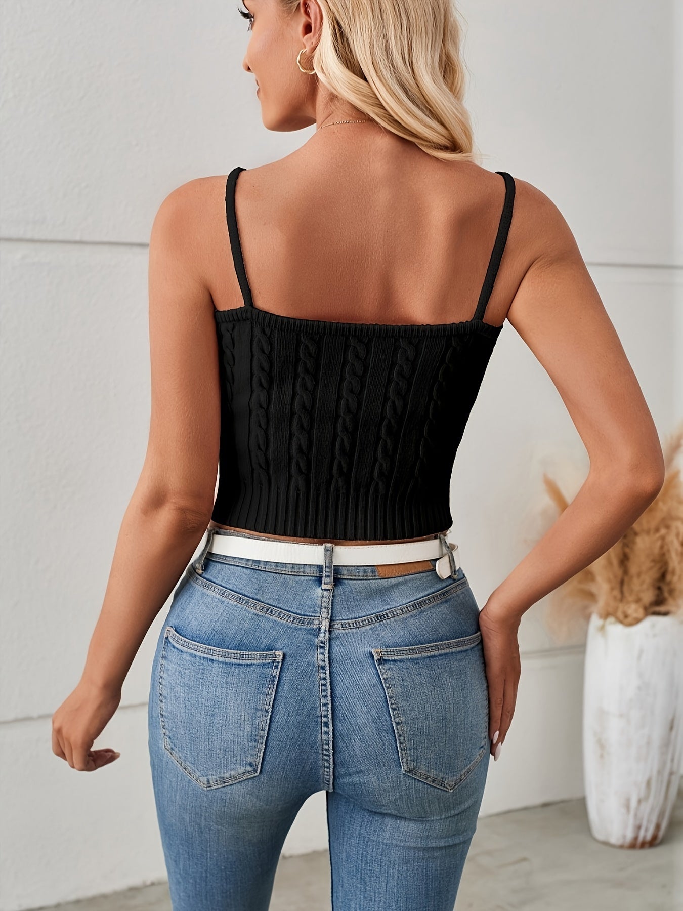 Cable Knit V Neck Cami Top, Y2K Backless Crop Top For Summer, Women's Clothing MyFave Boutique