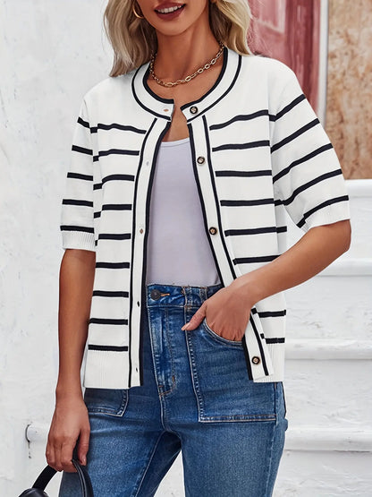 Women's Lightweight Striped Cardigan Sweater - Short Sleeve, Button Down, Crew Neck MyFave Boutique