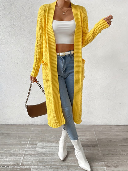 Long Sleeve Cable Knit Cardigan, Casual Drop Shoulder Open Front Cardigan For Spring & Fall, Women's Clothing MyFave Boutique