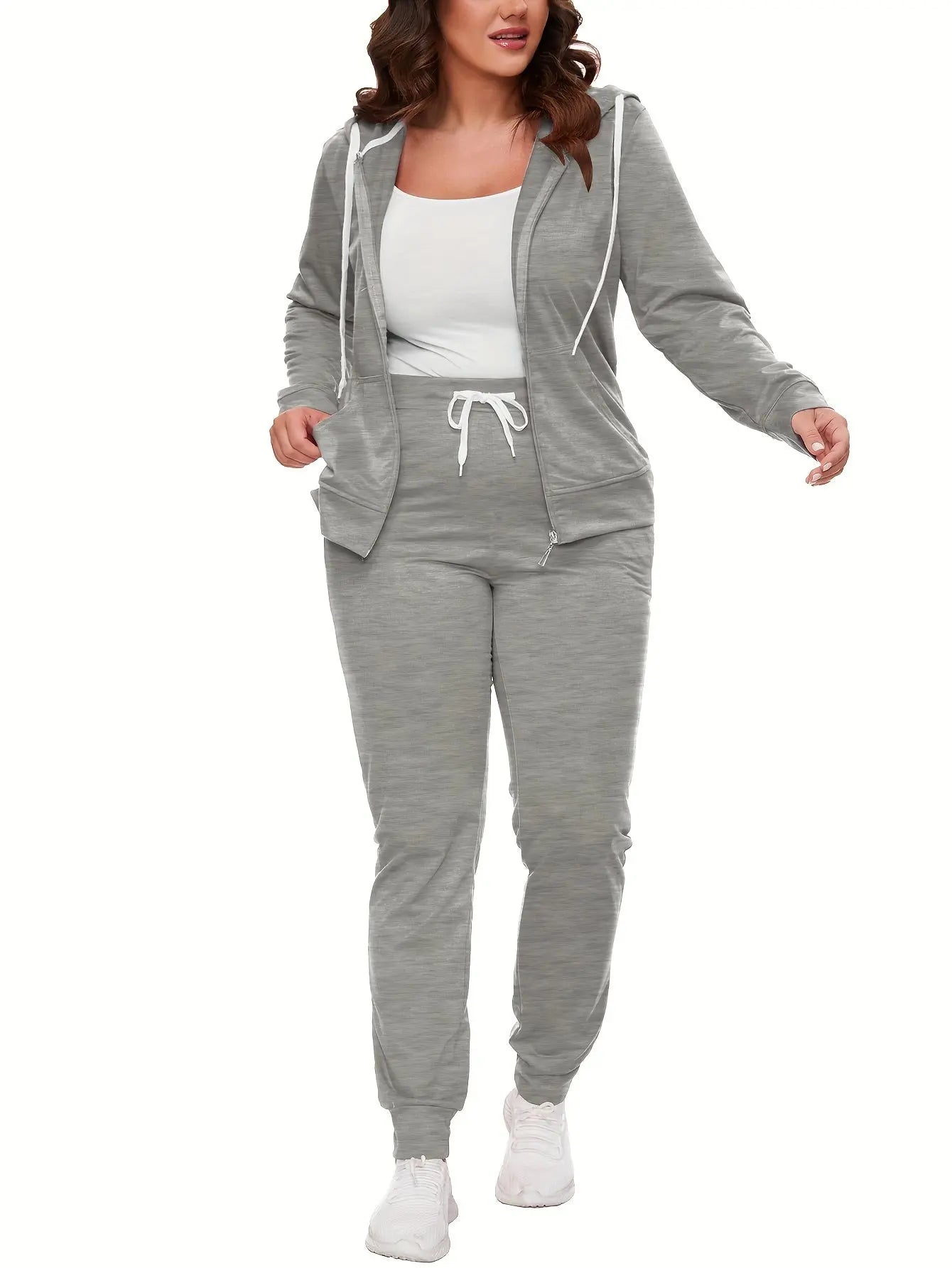 2 pcs Women's 2-Piece Solid Color Hoodie & Jogger Set, Long Sleeve Zip-up Hoodie & Drawstring Pants MyFave Boutique