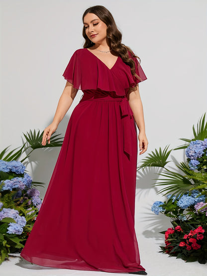 Elegant High-Waisted Long Evening Gown With V-Neck, Polyester Fabric, Four-Season Wear, Waist Belt, No Print, No Stretch MyFave Boutique