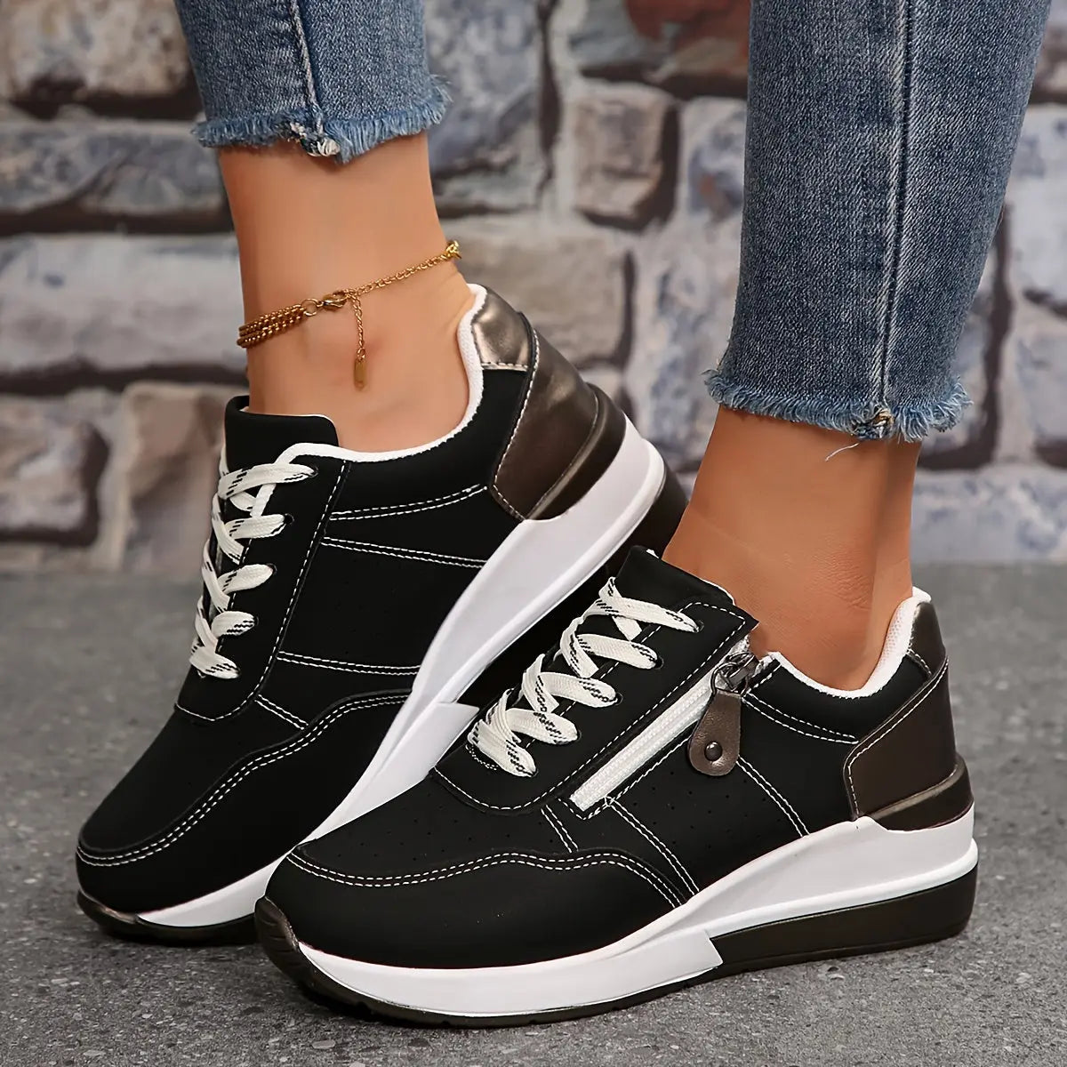 Women's Fashion Sneakers Low-Top Lace-Up Casual Athletic Shoes with Side Zipper - Solid Color Fabric-Lined PU Sole Comfort Walking Trainers for All Seasons MyFave Boutique