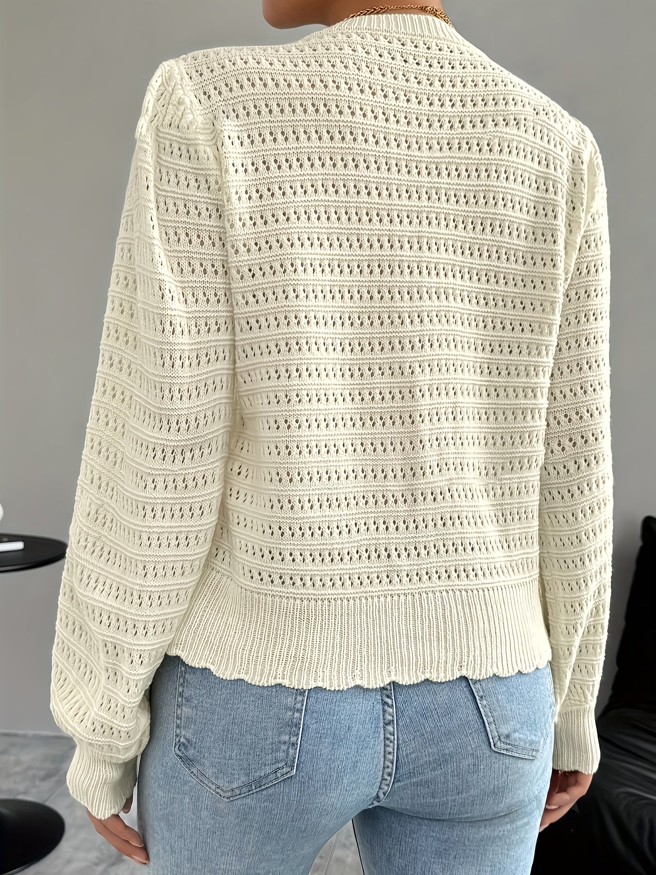 Women's Casual Crew Neck Long Sleeve Hollow Knit Acrylic Cardigan with Front Tie Detail and Slight Stretch Fabric - Fall/Winter Solid Color Regular Fit Sweater MyFave Boutique