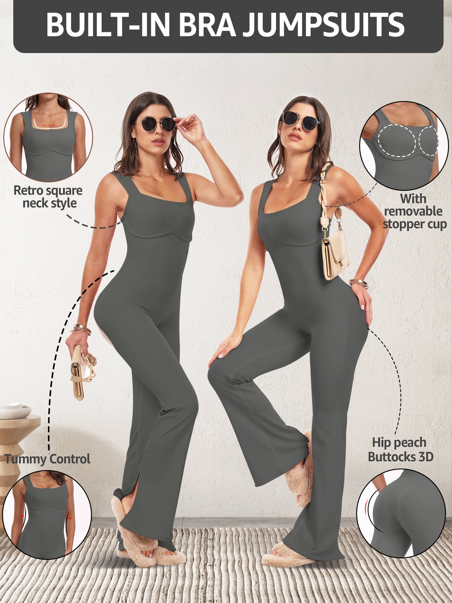 UNIQUEBELLA Workout Flare Jumpsuit for Women Built-in Bra Sleeveless Romper Square Neck Tank Top Unitard Gym Yoga Jumpsuit MyFave Boutique