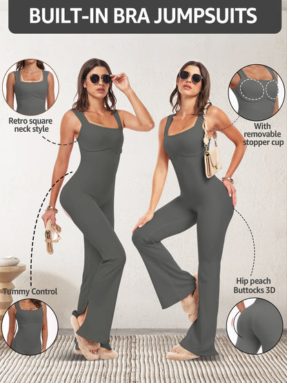 UNIQUEBELLA Workout Flare Jumpsuit for Women Built-in Bra Sleeveless Romper Square Neck Tank Top Unitard Gym Yoga Jumpsuit MyFave Boutique