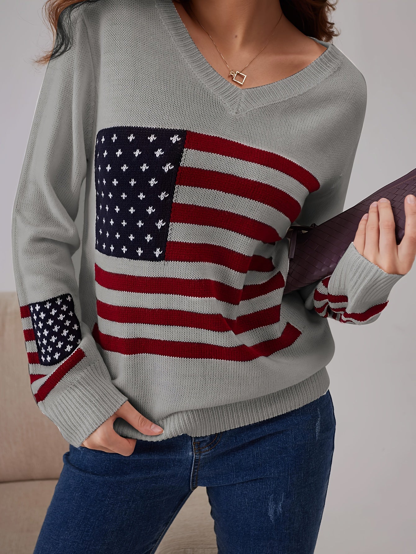 American Flag Print V Neck Sweater, Casual Long Sleeve Sweater For Spring & Fall, Women's Clothing MyFave Boutique