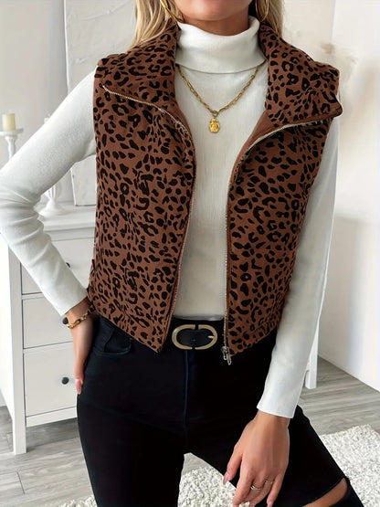 Autumn And Winter Polyester Coat With Leopard Print, Stand Collar, Zipper Closure, Casual Outerwear For Women MyFave Boutique