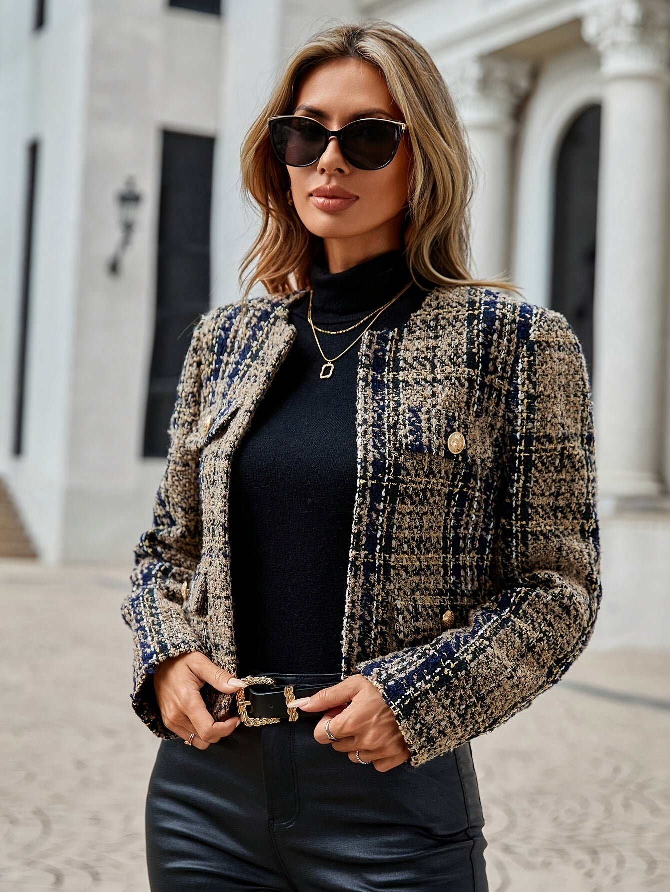 Elegant French Style Women's Plaid Tweed Jacket - 100% Polyester Crew Neck Buttoned Chic Short Coat with Faux Pockets, Regular Fit Non-Stretch Woven Fabric, Long Sleeve Casual Jacket for All Seasons MyFave Boutique