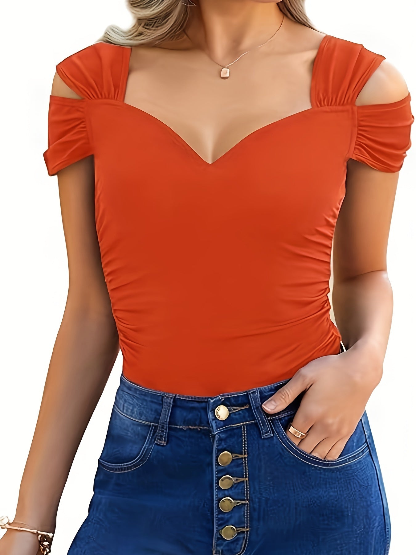 Solid Sweetheart Neck Slim T-shirt, Sexy Cold Shoulder Ruched Short Sleeve Spring And Summer T-Shirt, Women's Clothing MyFave Boutique