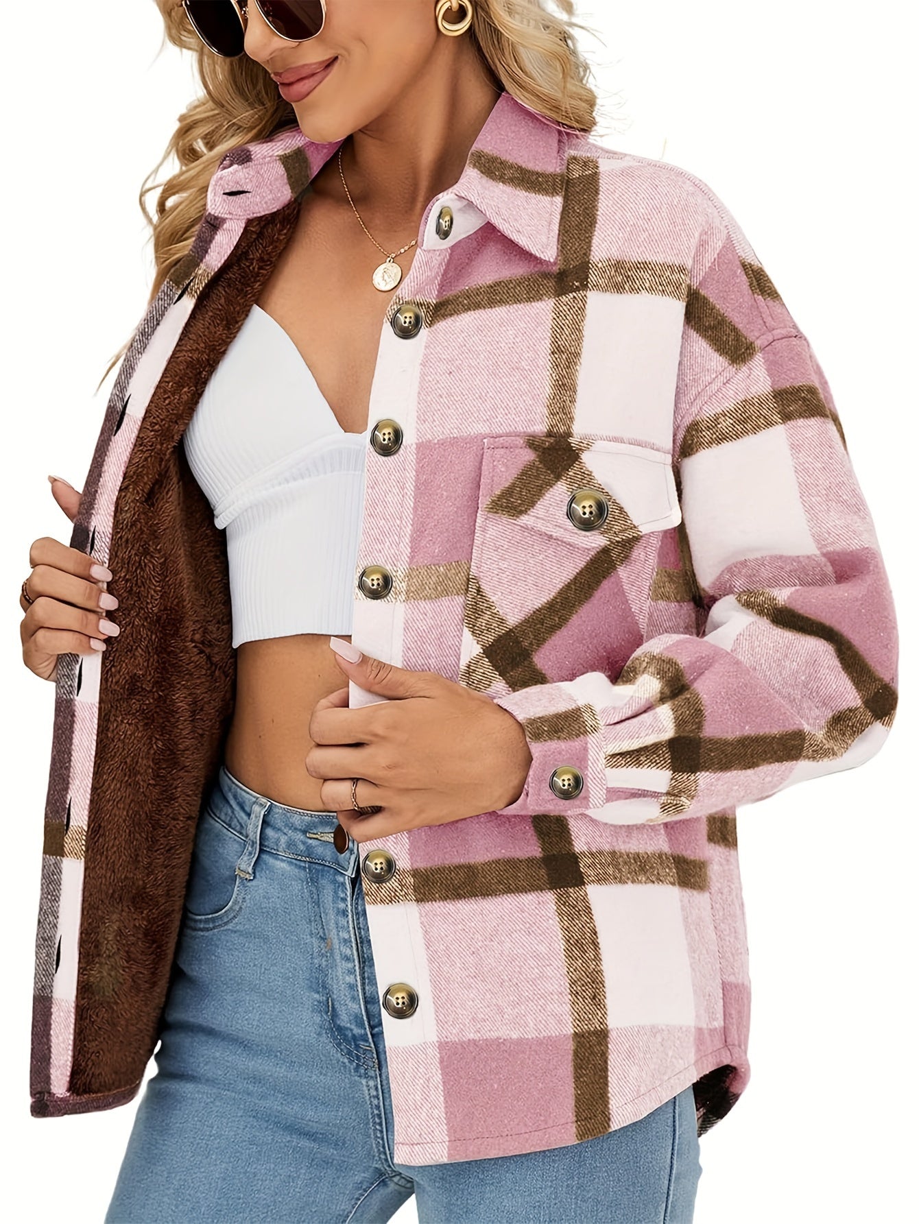 Plaid Print Button Front Jacket, Casual Lapel Neck Flap Pockets Long Sleeve Jacket For Winter & Fall, Women's Clothing MyFave Boutique