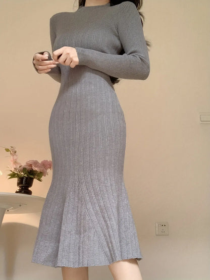 Bodycon Knitted Mermaid Hem Dress, Elegant Long Sleeve Crew Neck Dress, Women's Clothing MyFave Boutique