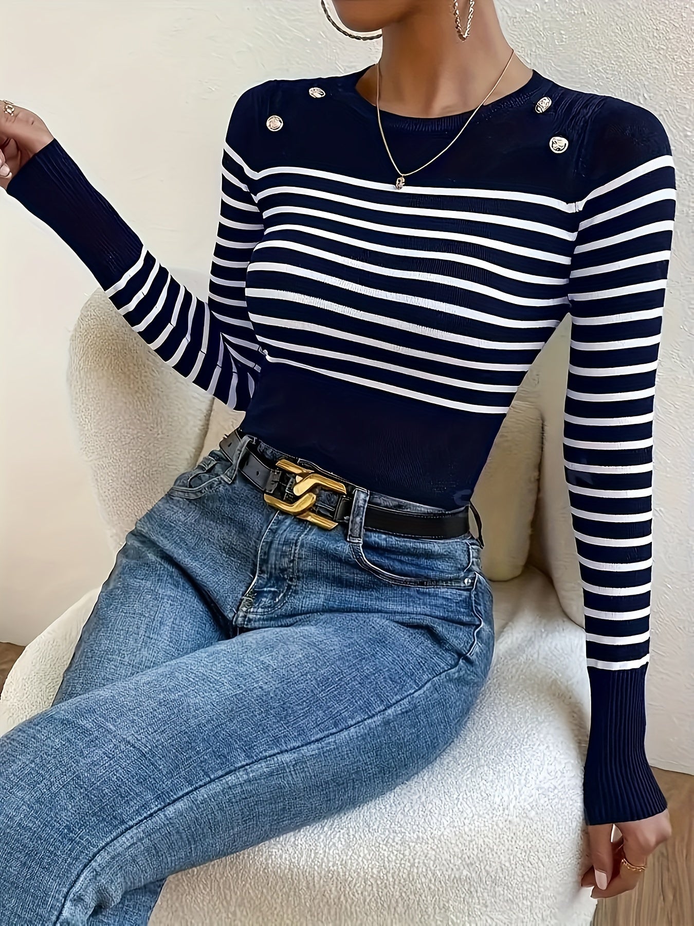 Striped Slim Crew Neck Sweater, Elegant Button Decor Long Sleeve Sweater For Fall & Winter, Women's Clothing MyFave Boutique