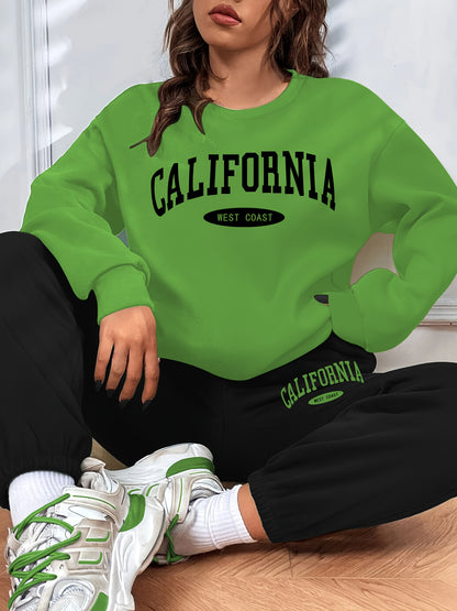 California Print Casual Two-piece Set, Long Sleeve Sweatshirt & Elastic Waist Sweatpants Outfits, Women's Clothing MyFave Boutique