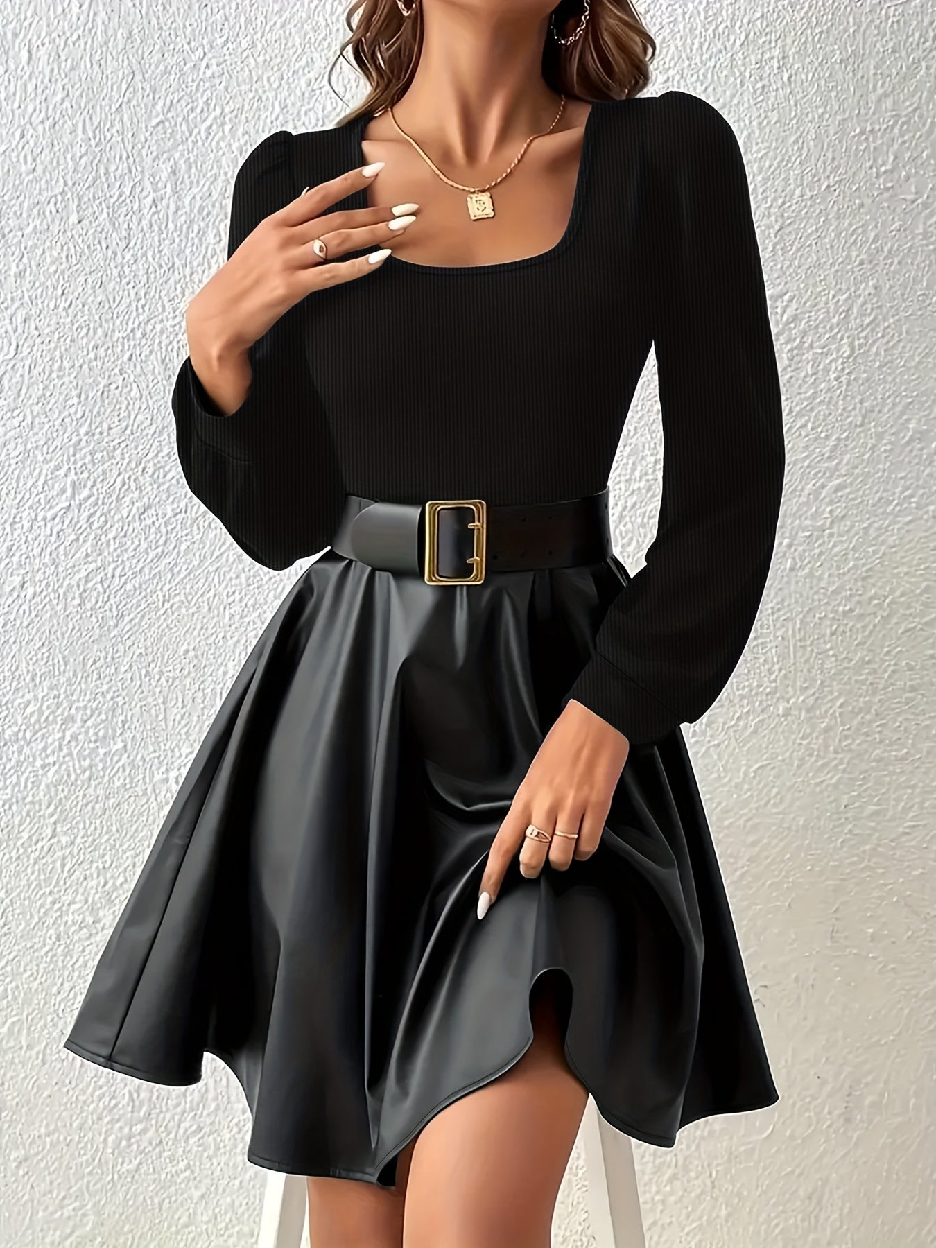 Square Neck Pu Leather Splicing Dress, Elegant Long Sleeve A-line Dress, Women's Clothing MyFave Boutique