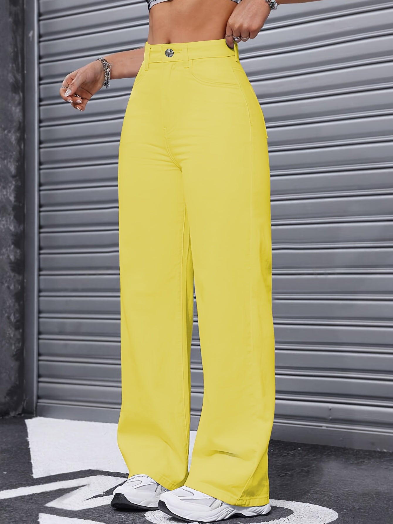 Plain Yellow Pastel Color Loose Fit Wide Leg Elastic Waistband Jeans, Women's Denim Jeans & Clothing MyFave Boutique