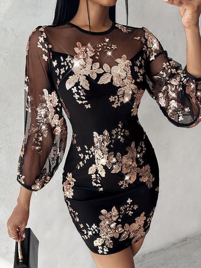 Sequined Floral Pattern Bodycon Dress, Long Sleeve Illusion Neck Casual Dress, Women's Clothing MyFave Boutique