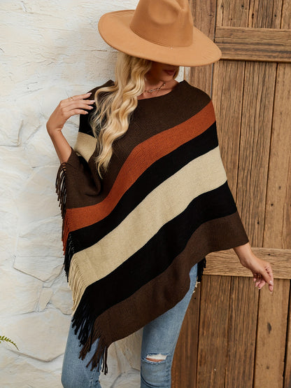 Striped Pattern Fringe Hem Poncho Sweater, Elegant Batwing Sleeve Knitted Top For Spring & Fall, Women's Clothing MyFave Boutique