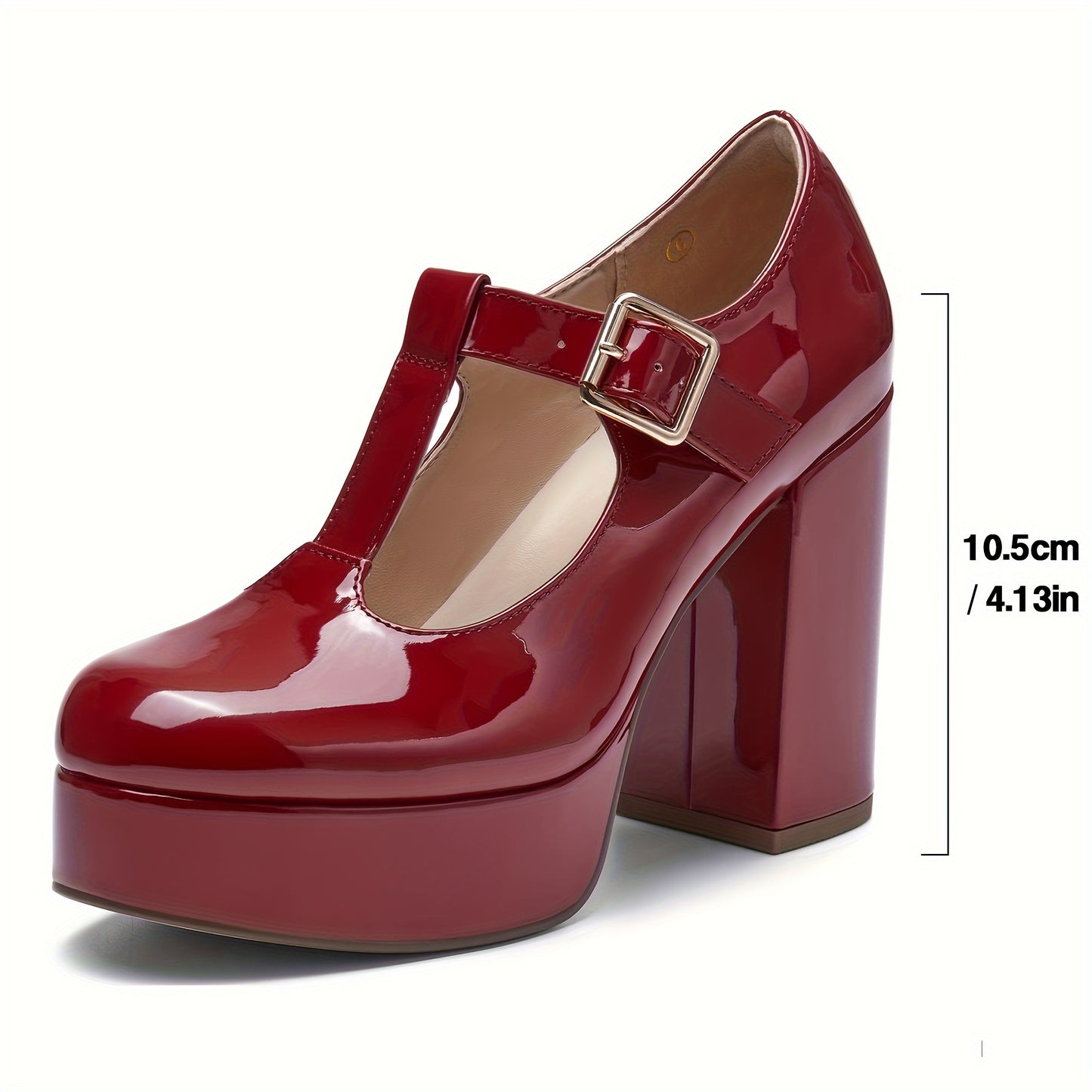 Women's Burgundy Thick Platform T-Strap Mary Jane Pumps, High Block Heel, Faux Patent Leather Fashion Footwear MyFave Boutique