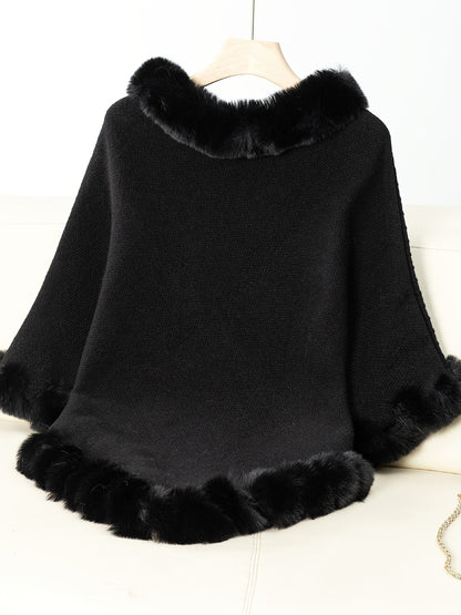 Faux Fur Trim Pullover Sweater, Casual Batwing Sleeve Irregular Hem Warm Sweater For Fall & Winter, Women's Clothing MyFave Boutique