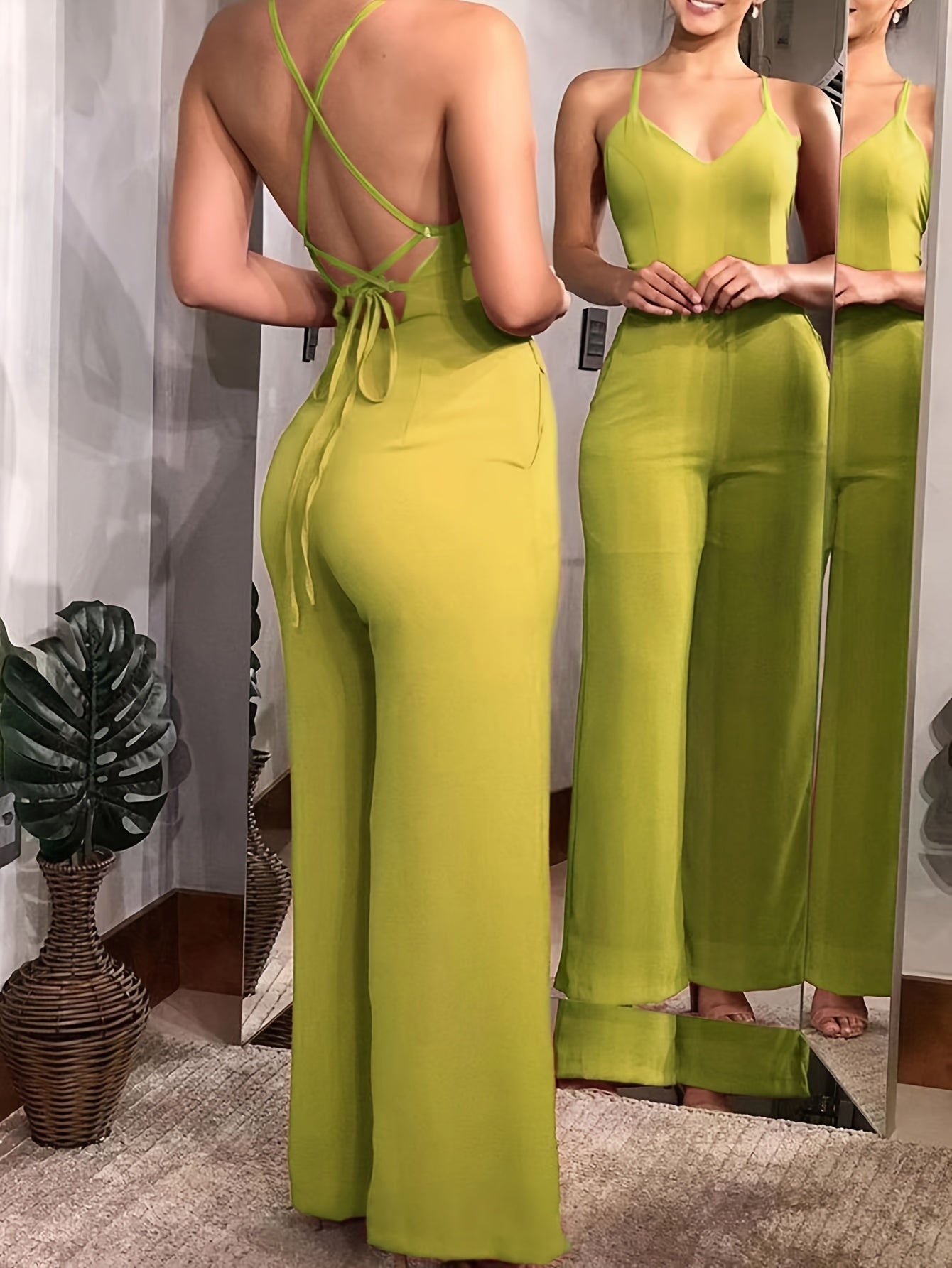 Elegant Cross Tie Back V-neck Jumpsuit for Spring & Summer, Women's Solid Backless Clothing MyFave Boutique