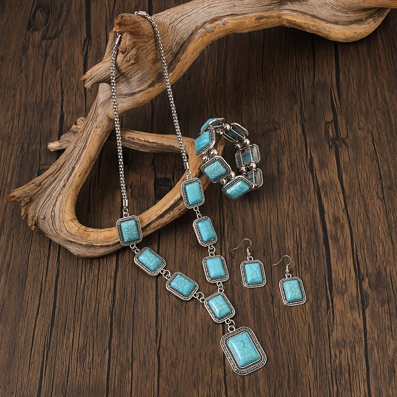 3-Piece Vintage Turquoise Jewelry Set - Timeless Elegance With Handcrafted Necklace+Earrings+Bracelet, Statement Bohemian Charm Jewelry Set- Perfect For Daily Outfits And Parties MyFave Boutique