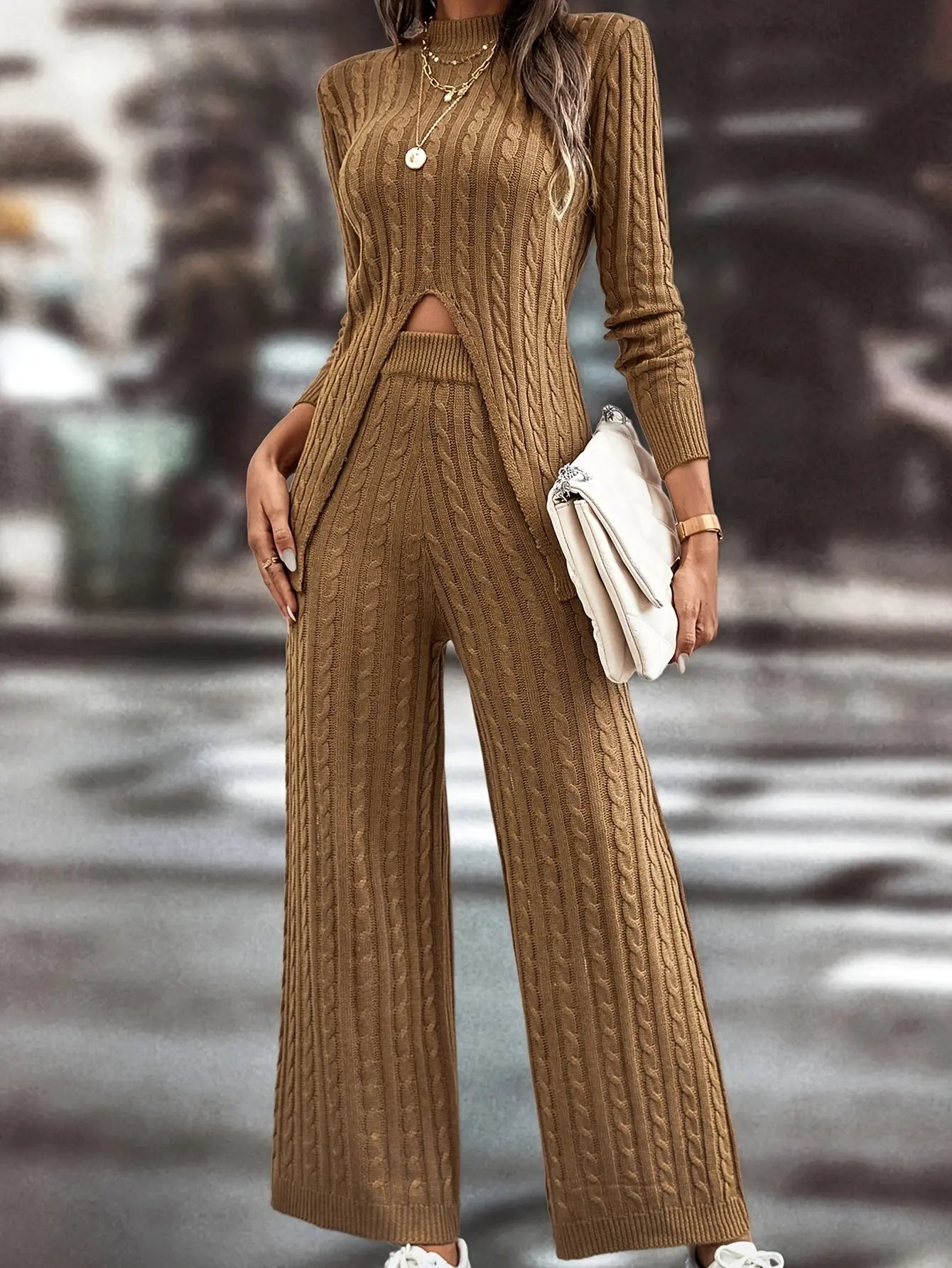 Elegant Cable Knit Pantsuits, Mock Neck Long Sleeve Split Pullover Sweater & High Waist Wide Leg Pants Outfits, Women's Clothing MyFave Boutique