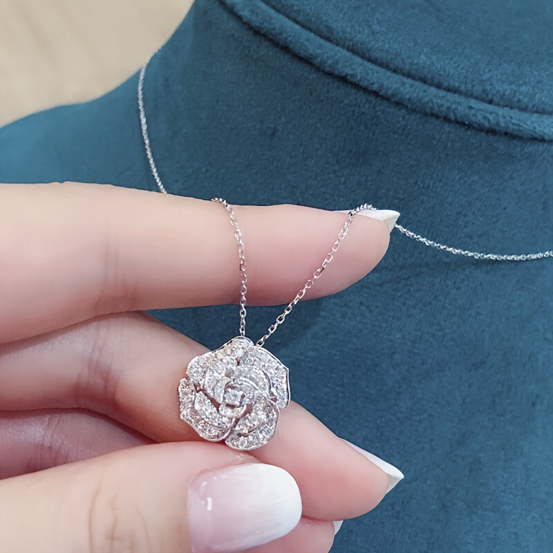 Gorgeous Camellia Glitter Pendant Necklace - Inlaid Zircon, Elegant Floral Design, Hollow Out, Dainty Chain, Neck Jewelry for Women, Perfect for Wedding, Party, Anniversary Gift MyFave Boutique