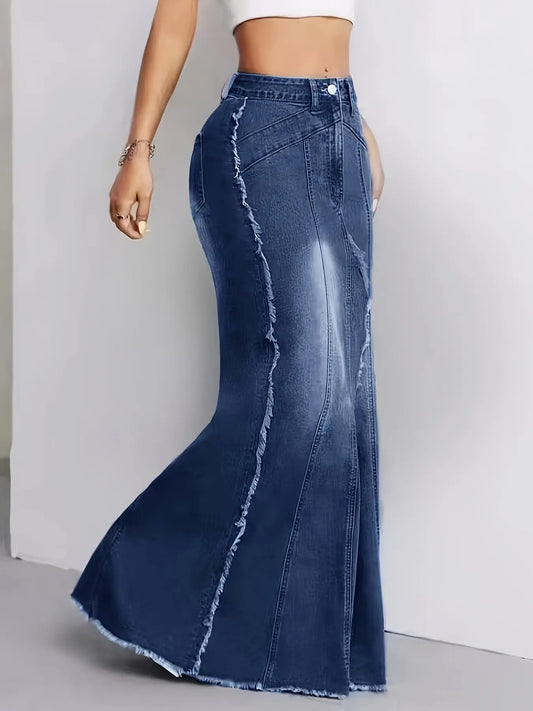 Raw Hem High Rise Plain Washed Blue Distressed Maxi Denim Skirt, Women's Denim Jeans & Clothing MyFave Boutique