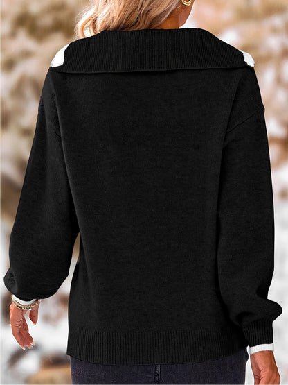 Color Block Quarter Zip Collared Sweater, Casual Long Sleeve Drop Shoulder Sweater For Fall & Winter, Women's Clothing MyFave Boutique