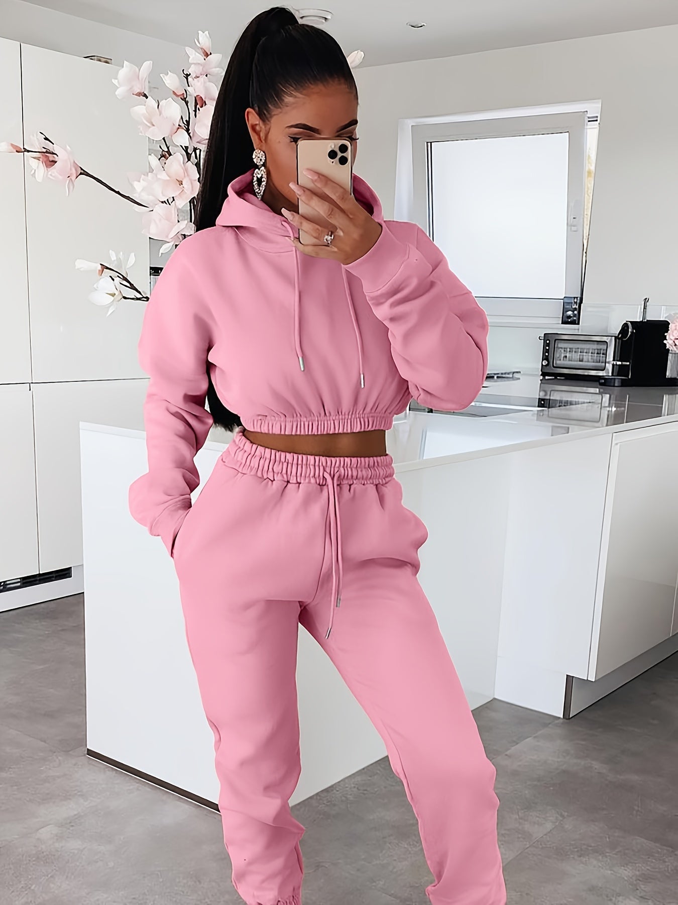 two-piece Women's Casual Hooded Sweatshirt and Drawstring Pants Set with Side Pockets - Comfortable and Stylish Outfit MyFave Boutique