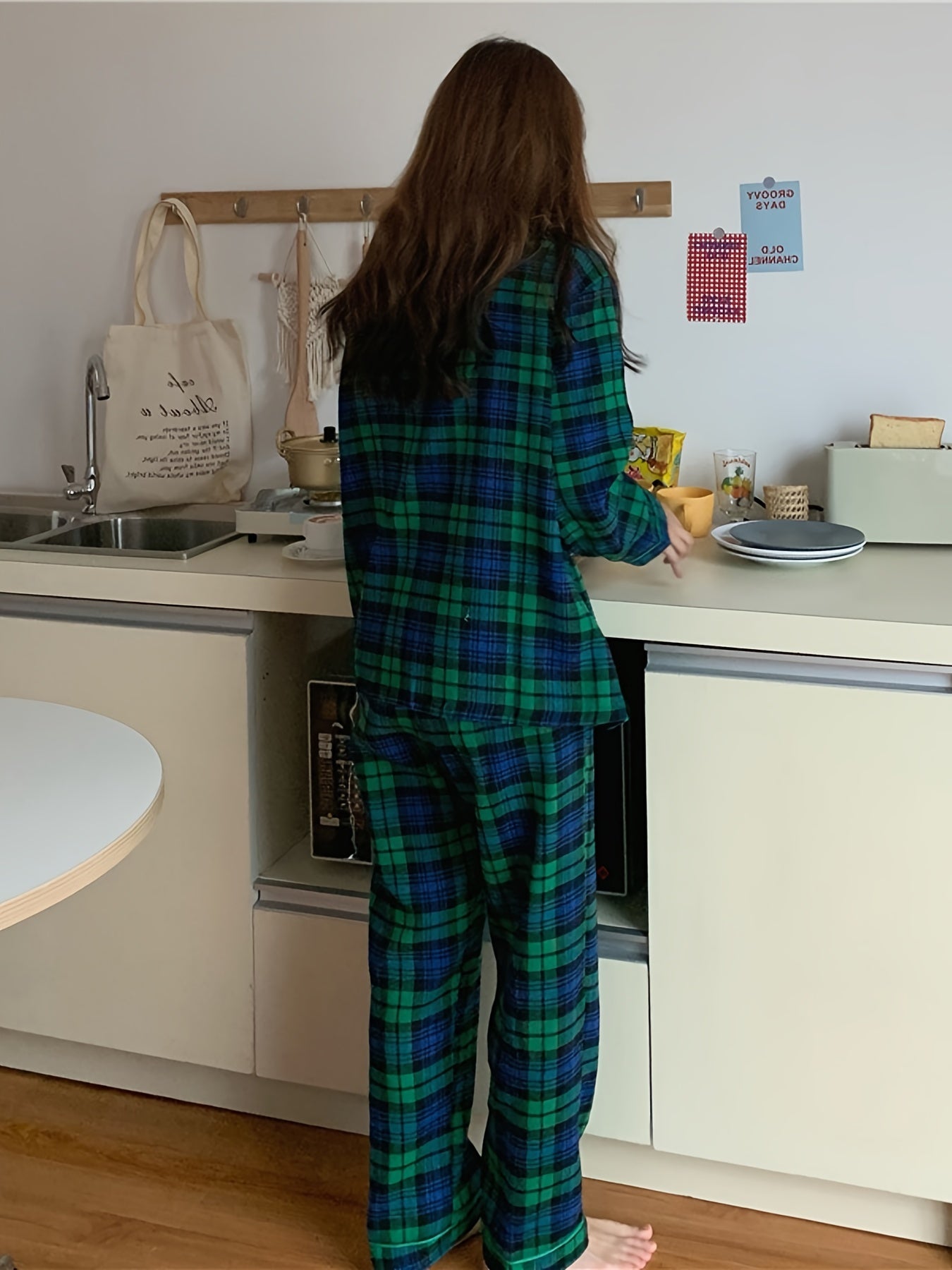 2pcs Lapel Pajamas Women's Plaid Print Thin Long-sleeved Trousers Spring And Autumn Home Clothes MyFave Boutique