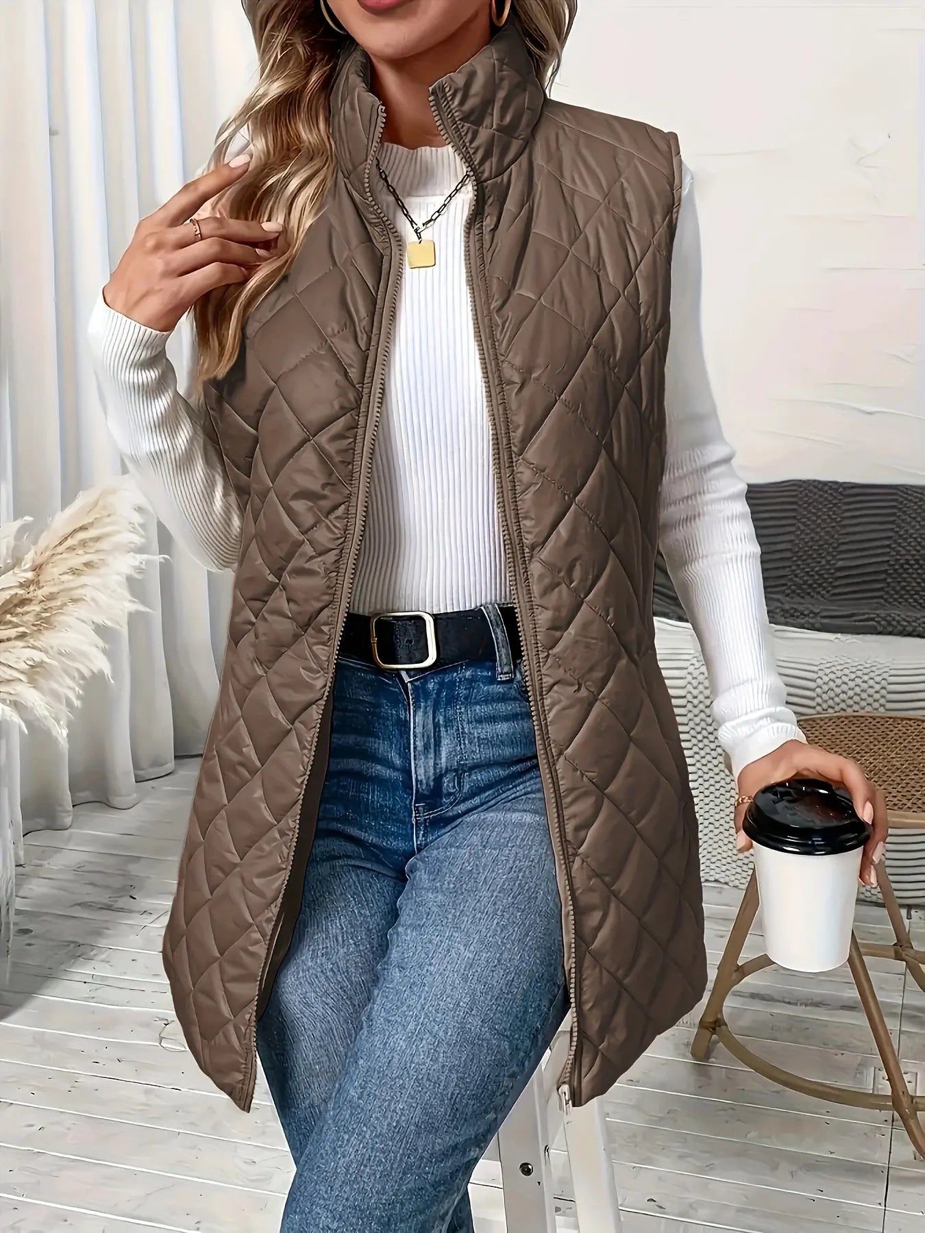 Quilted Zip Up Fluffy Vest Jacket, Casual Sleeveless Warm Gilet Jacket For Fall & Winter, Women's Clothing MyFave Boutique