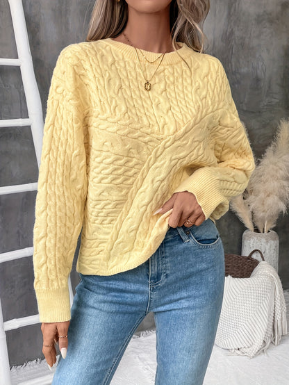 Cable Knit Crew Neck Sweater, Casual Solid Color Long Sleeve Sweater For Fall & Winter, Women's Clothing MyFave Boutique