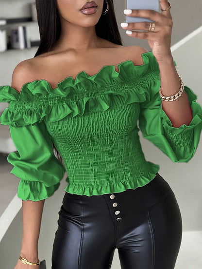 Off-Shoulder Ruffle Trim Shirred 3/4 Sleeve Top for Women, Elegant Spring/Summer Blouse MyFave Boutique