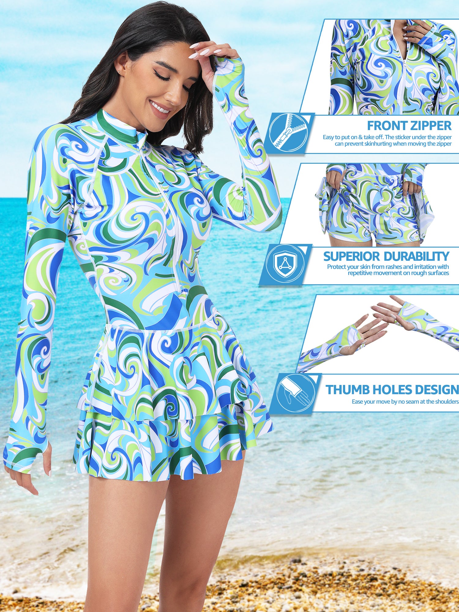 Waves Random Print Rash Guard for Women, Long Sleeve Women One Piece Swimsuits with Front Zipper Surfing Bathing Swimwear MyFave Boutique