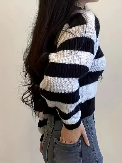 Stripe Pattern Crew Neck Sweater, Casual Long Sleeve Sweater For Fall & Winter, Women's Clothing MyFave Boutique