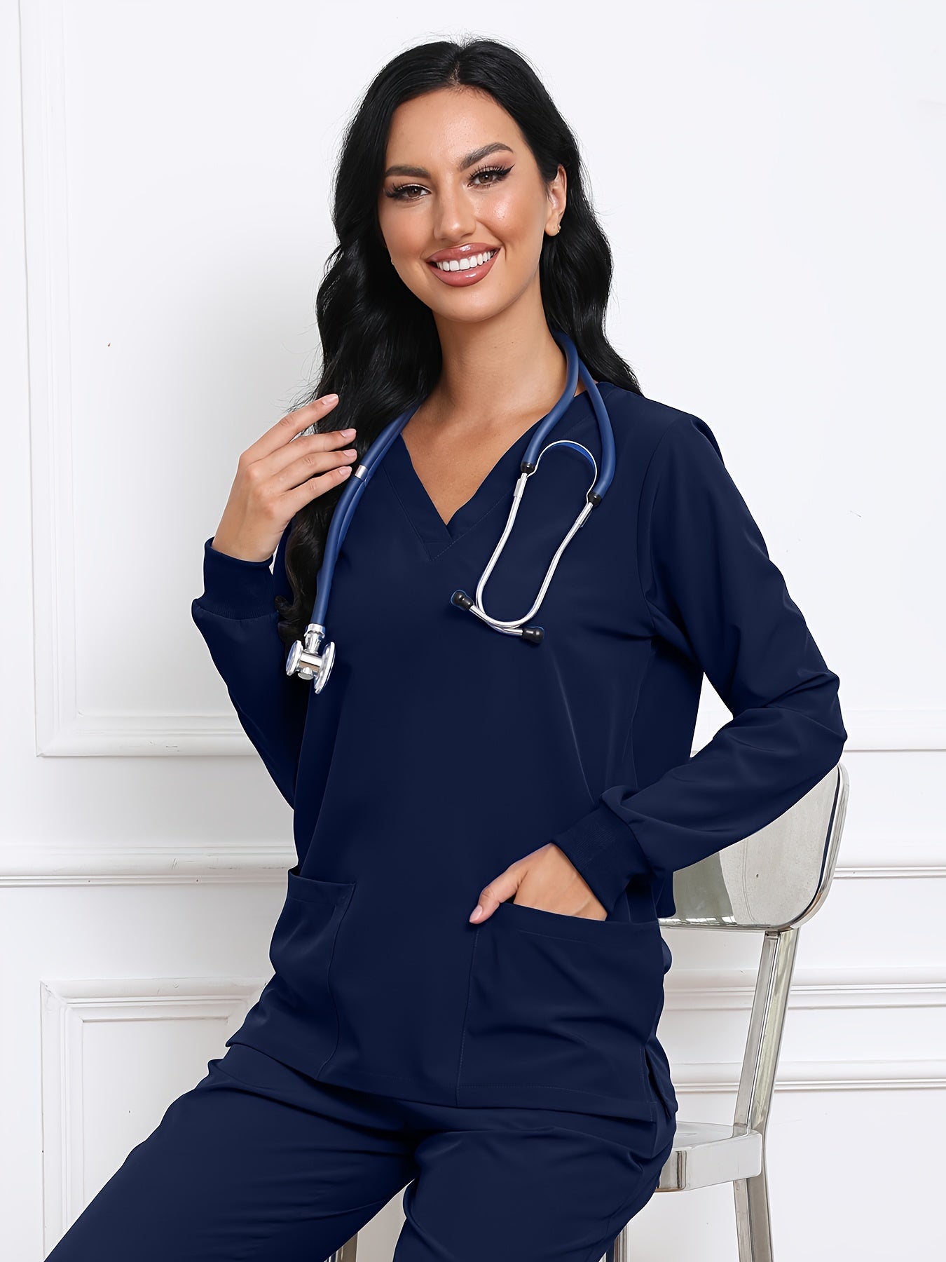 Simple Long Sleeve Scrubs Top, V Neck Functional Patched Pockets Health Care Uniform, Women's Clothing MyFave Boutique