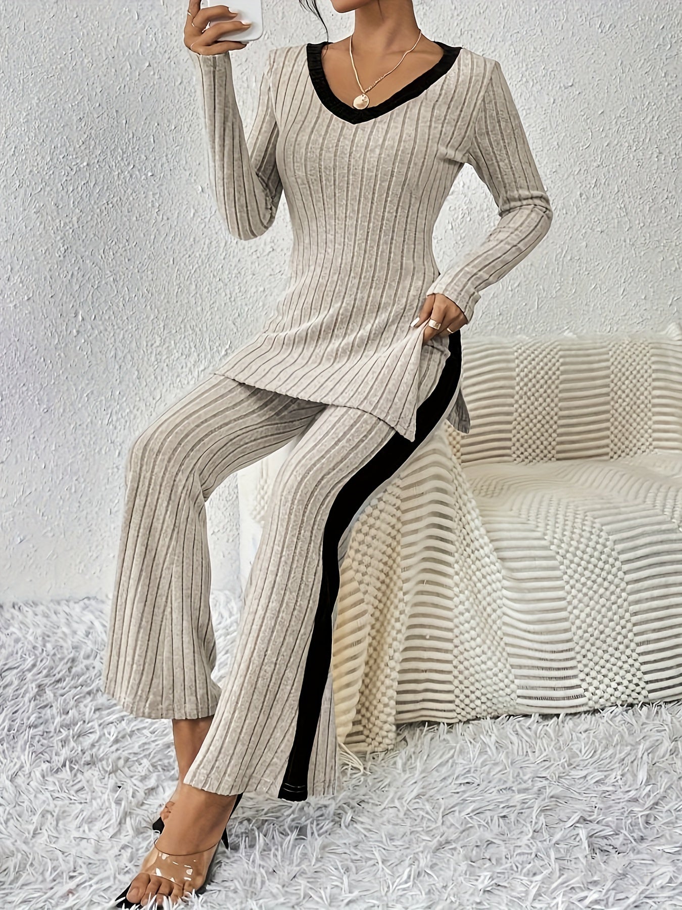 Color Block Rib Knit Pantsuits, Stylish Long Sleeve V Neck Split Hem Top & Flare Leg Pants Outfits, Women's Clothing MyFave Boutique