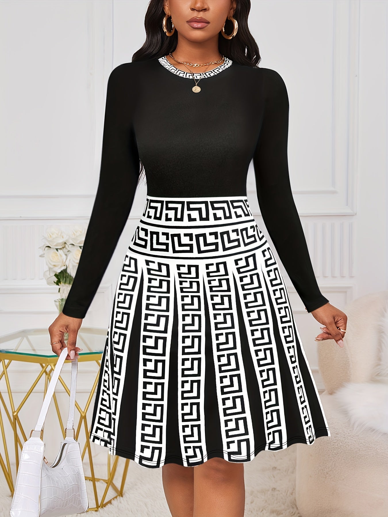 Geo Print Splicing Flared Dress, Elegant Crew Neck Long Sleeve Dress For Spring & Fall, Women's Clothing MyFave Boutique