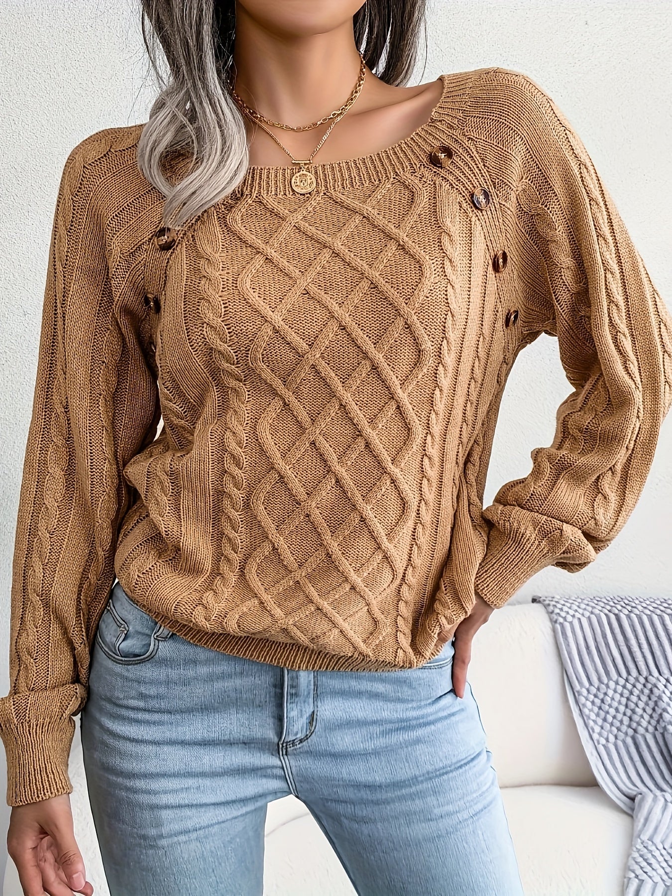 Knit Pullover Sweater with Casual Square Collar and Button Twist for Autumn/Fall MyFave Boutique