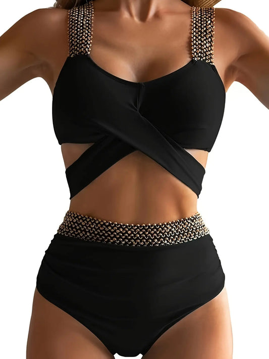 Women's High Waist Split Bikini with Flattering Cross Design and Secure Elastic Band MyFave Boutique