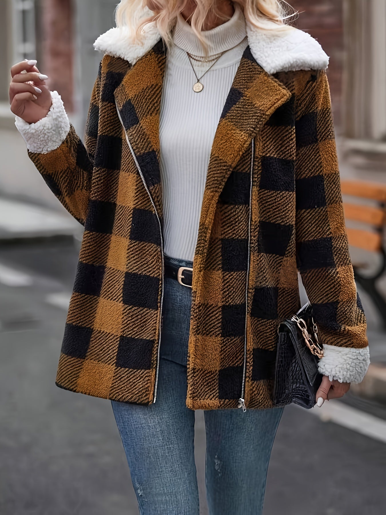 Plaid Pattern Zipper Collared Coat, Stylish Color Block Long Sleeve Coat For Fall & Winter, Women's Clothing MyFave Boutique