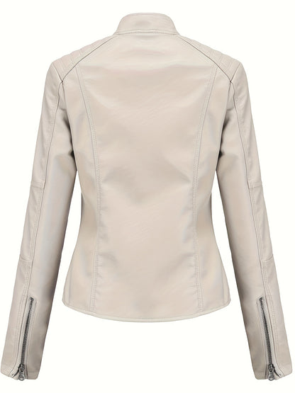 Faux Leather Zip Up Moto Jacket, Stylish Stand Collar Long Sleeve Jacket With Pocket, Women's Clothing MyFave Boutique