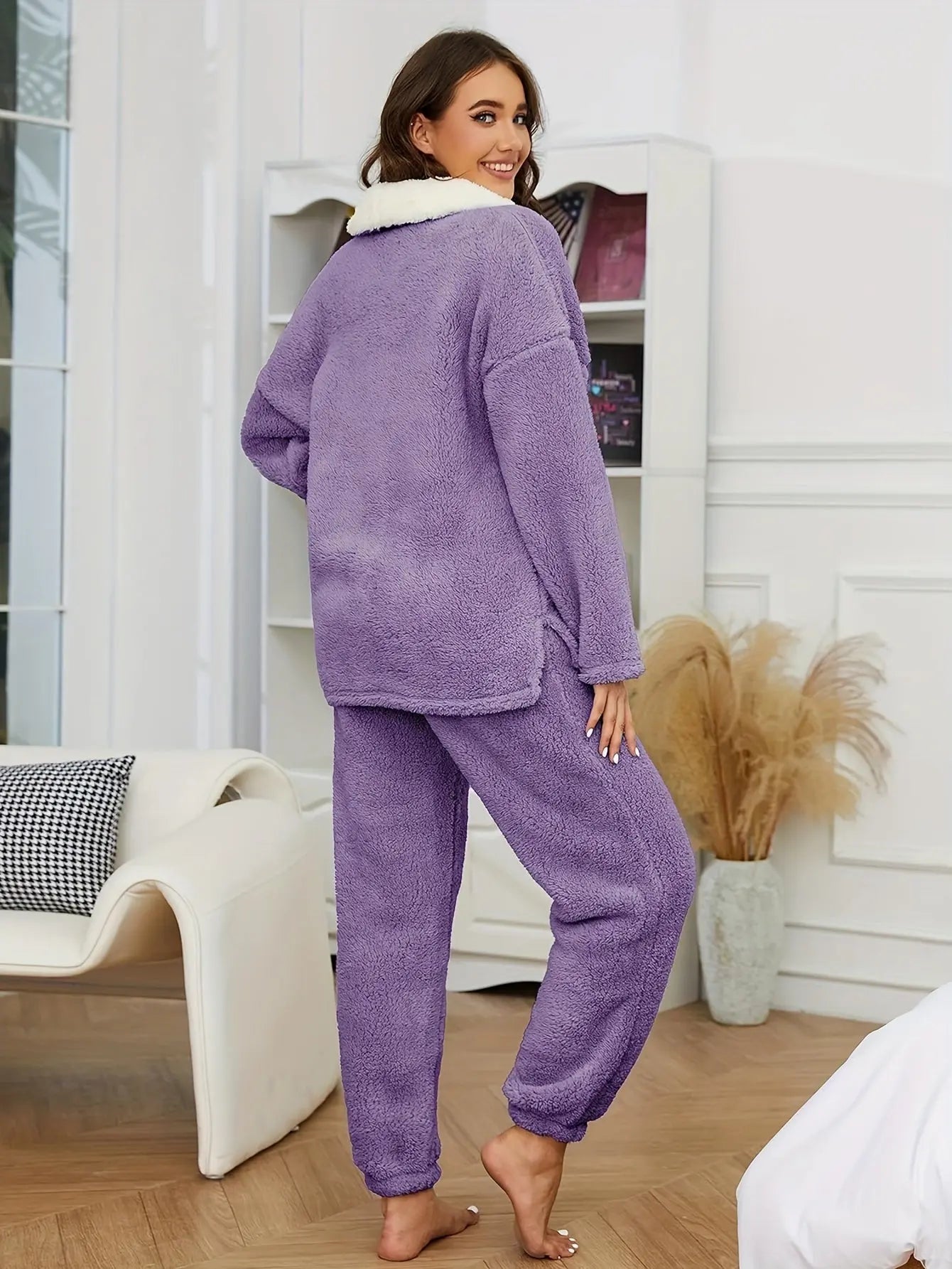 Women's Fluzzy Fleece Pajamas Warm Pullover Lapel Sleepwear Sets MyFave Boutique