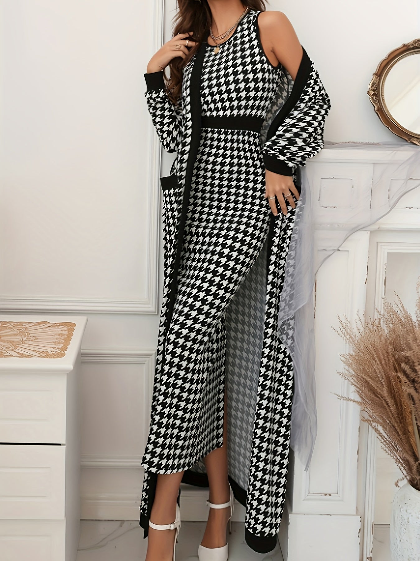 Elegant Houndstooth Pencil Dress Set, Long Sleeve Open Front Tie Waist Duster Cardigan & Bodycon Crew Neck Sleeveless Split Hem Tank Dress Outfits, Women's Clothing MyFave Boutique