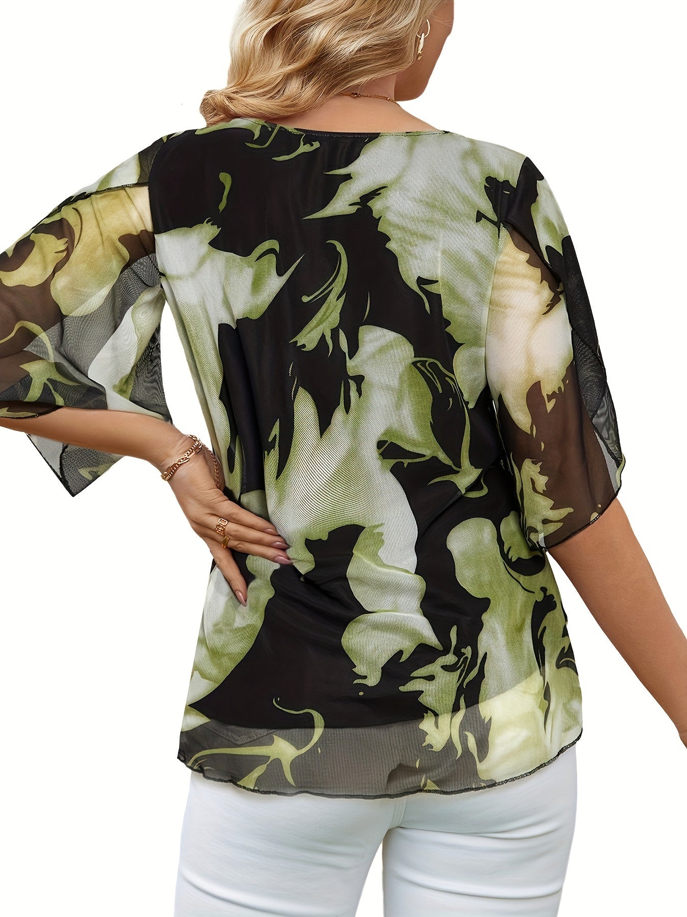 Random Print V Neck Pleated Blouse, Elegant Half Sleeve Loose Daily Wear Blouse, Women's Clothing MyFave Boutique